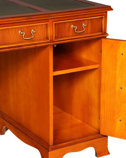 Hauptstadt Möblerei englischer Schreibtisch aus Eibenholz mit grüner Lederauflage, Messinggriffen und offenem Fach