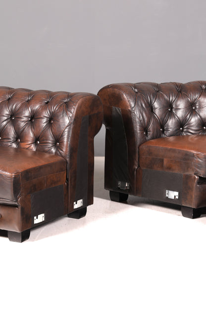 Edles Original Chesterfield Sofa Ecksofa mit Hocker Echt Leder Englisch Eckcouch Leder Couch Antik Vintage