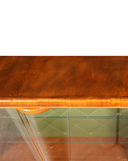 Hauptstadt Möblerei H923 Finish Vitrinenschrank mit Holzoberfläche und grünem Glas mit Rautenmuster