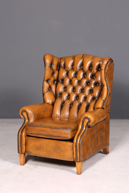 Prachtige originele Chesterfield-oorfauteuil van echt Engels leer, herenfauteuil, relaxfauteuil met ligfunctie, vintage