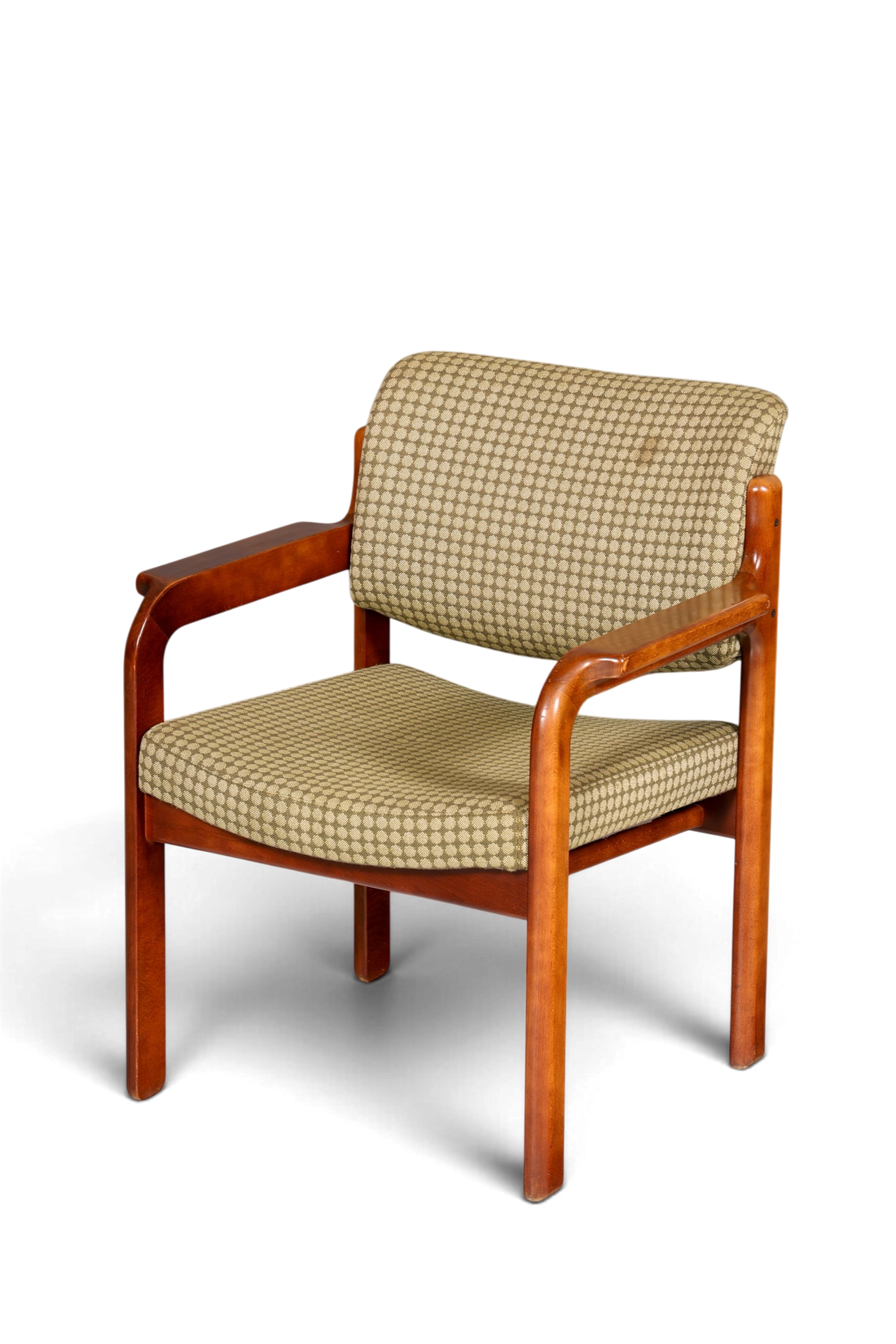 Hauptstadt Möblerei Mid Century Armlehnstuhl aus Holz mit gemustertem Stoffbezug im Vintage-Stil