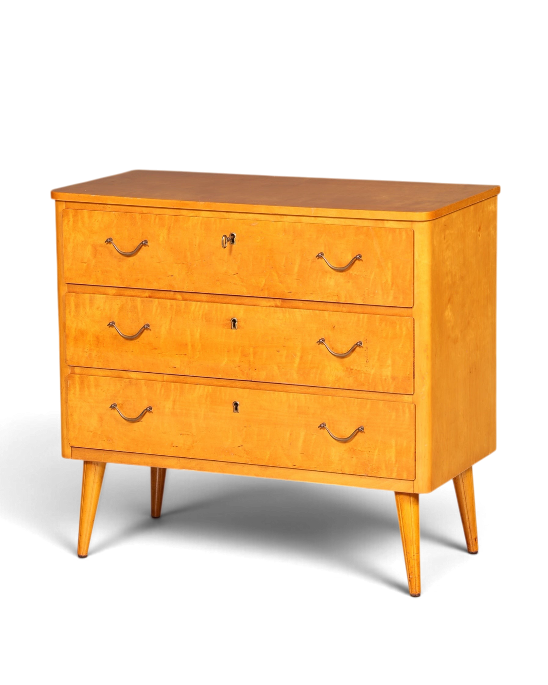 Hauptstadt Möblerei Mid Century Kommode aus massivem Holz mit drei Schubladen und Vintage-Beschlägen