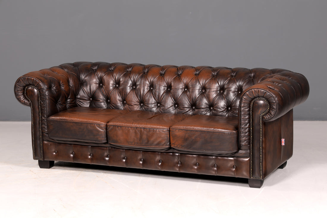 Prachtige originele Chesterfield-bank, 3-zits, echt leren Engelse vintage leren bank