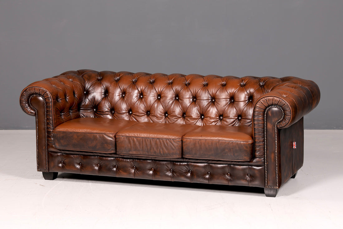 Beautiful Original Chesterfield 3-Seater Sofa Real Leather English Couch England Upholstered Sofa Antique Vintage Leather Sofa