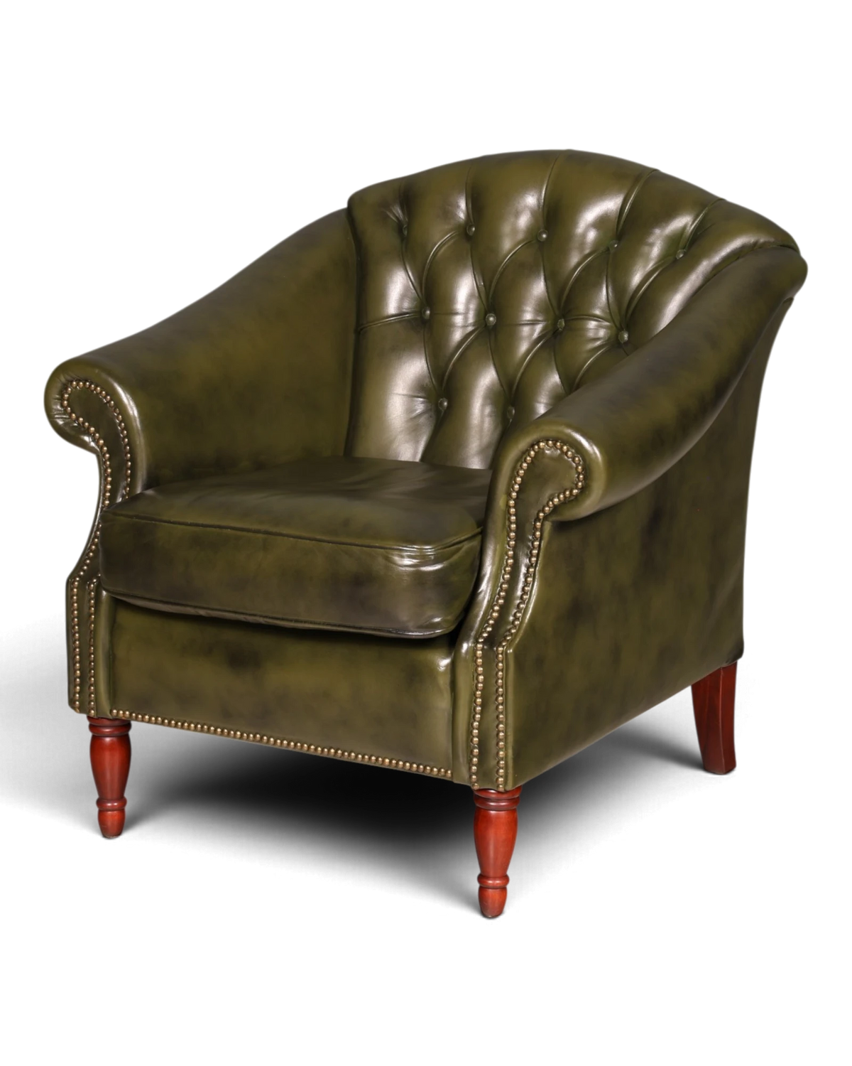 Luxe Engelse Chesterfield-clubfauteuil van groen leer, tub chair, leren fauteuil met knoopcapiton