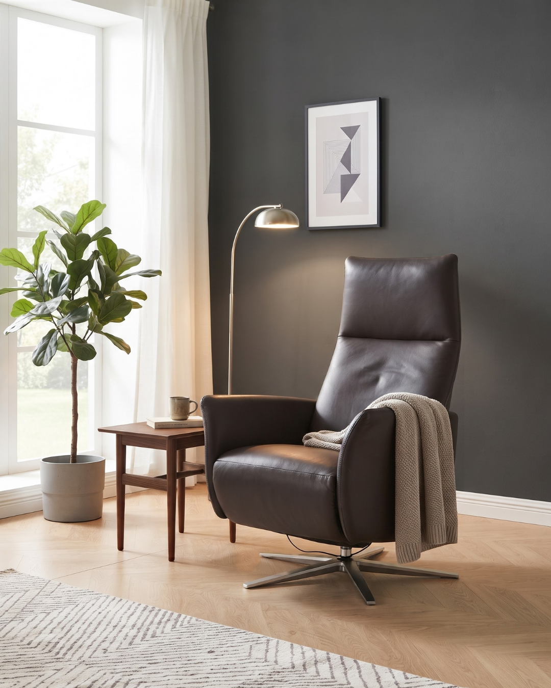 Beautiful Mid Century Recliner Real Leather TV Chair Electrically Adjustable Reading Chair Comfort Design Leather Chair