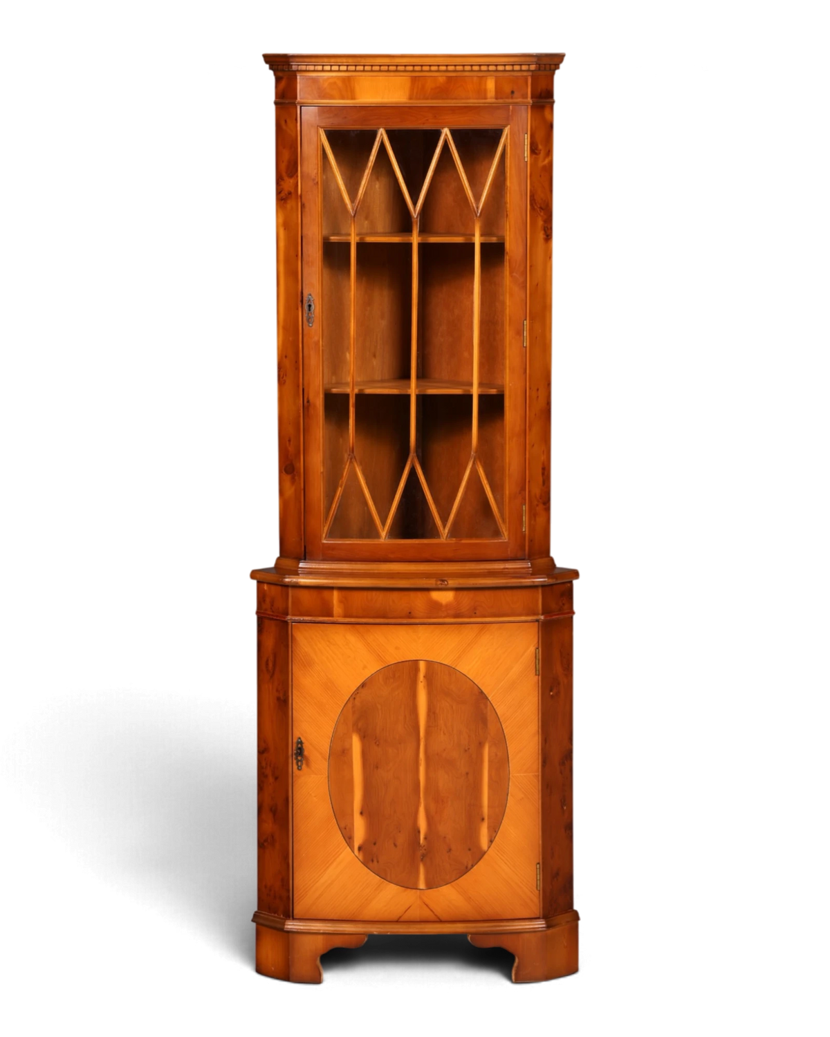 Droomachtige Engelse hoekvitrine van taxus, hoekkast, glazen vitrinekast, antiek, echt hout, vintage