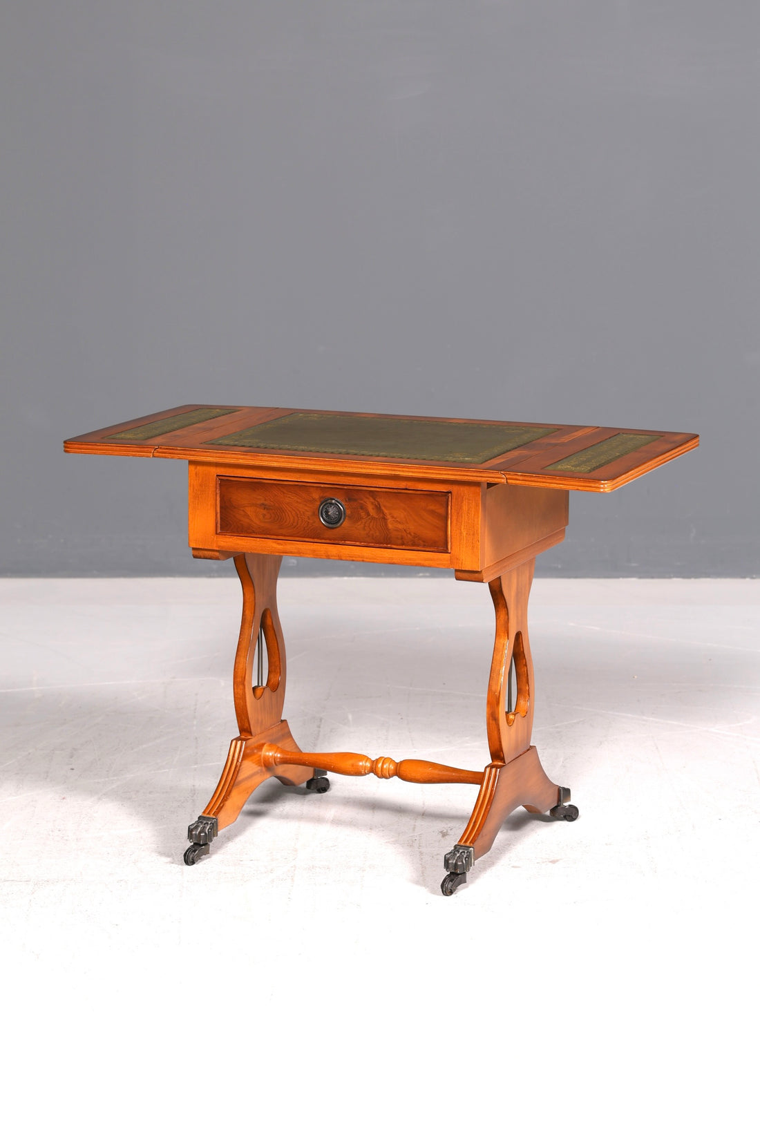 Noble English Folding Table Side Table Yew Genuine Leather Top Antique Side Table Vintage Rolling Table Living Room