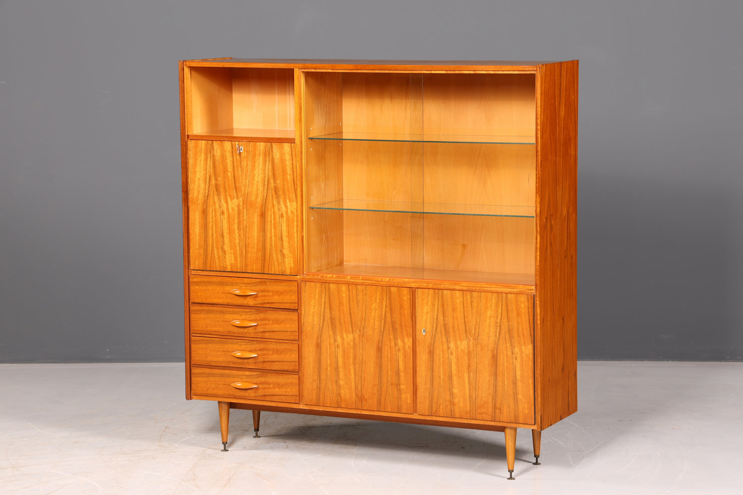 Wunderschöner Mid Century Schrank Vintage Highboard Vitrine Bücherschrank Wohnzimmerschrank Barschrank echt Holz 60er