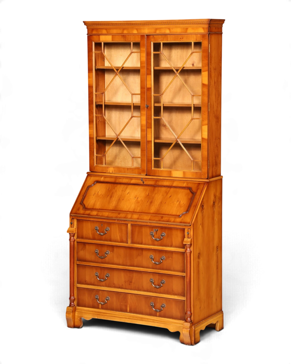Stylish English slant-front desk, yew, solid wood, display cabinet, office cabinet, UK vintage