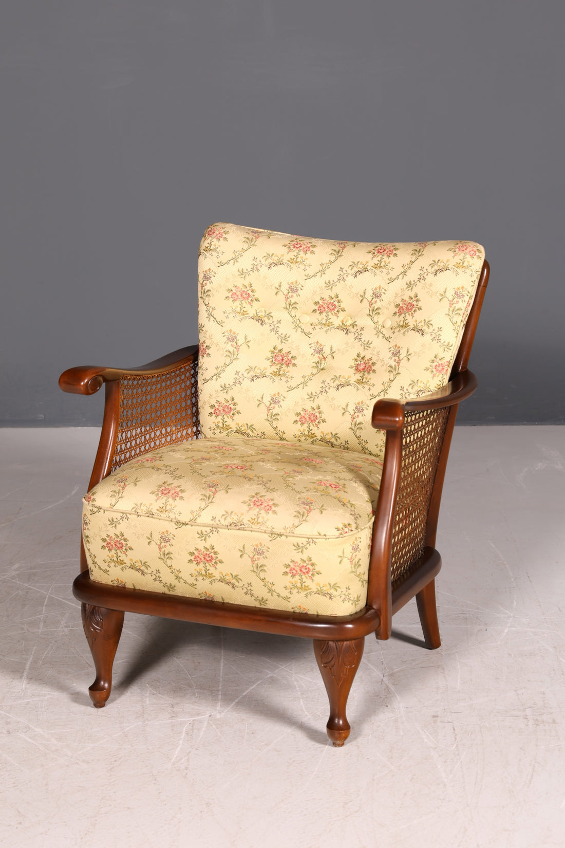 Traumhafter Chippendale Sessel Antik 60s Korbgeflecht Relax Sessel Vintage Samt Stoff 1 von 2