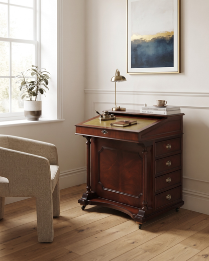 Prachtig Engels Davenport bureau, desk, secretaire, leren blad, commode