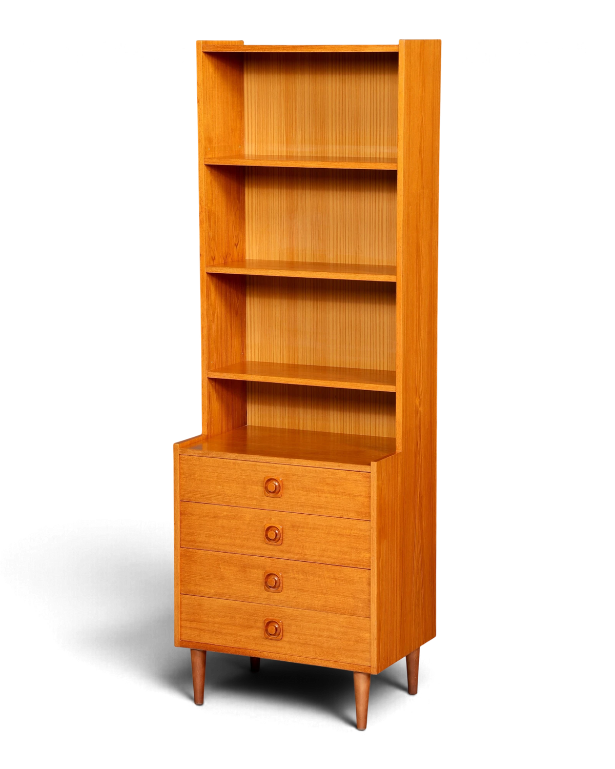 Strak mid-century-boekenkastje met laden, Deens design, kastje, vintage, retro, jaren 60, staande boekenkast