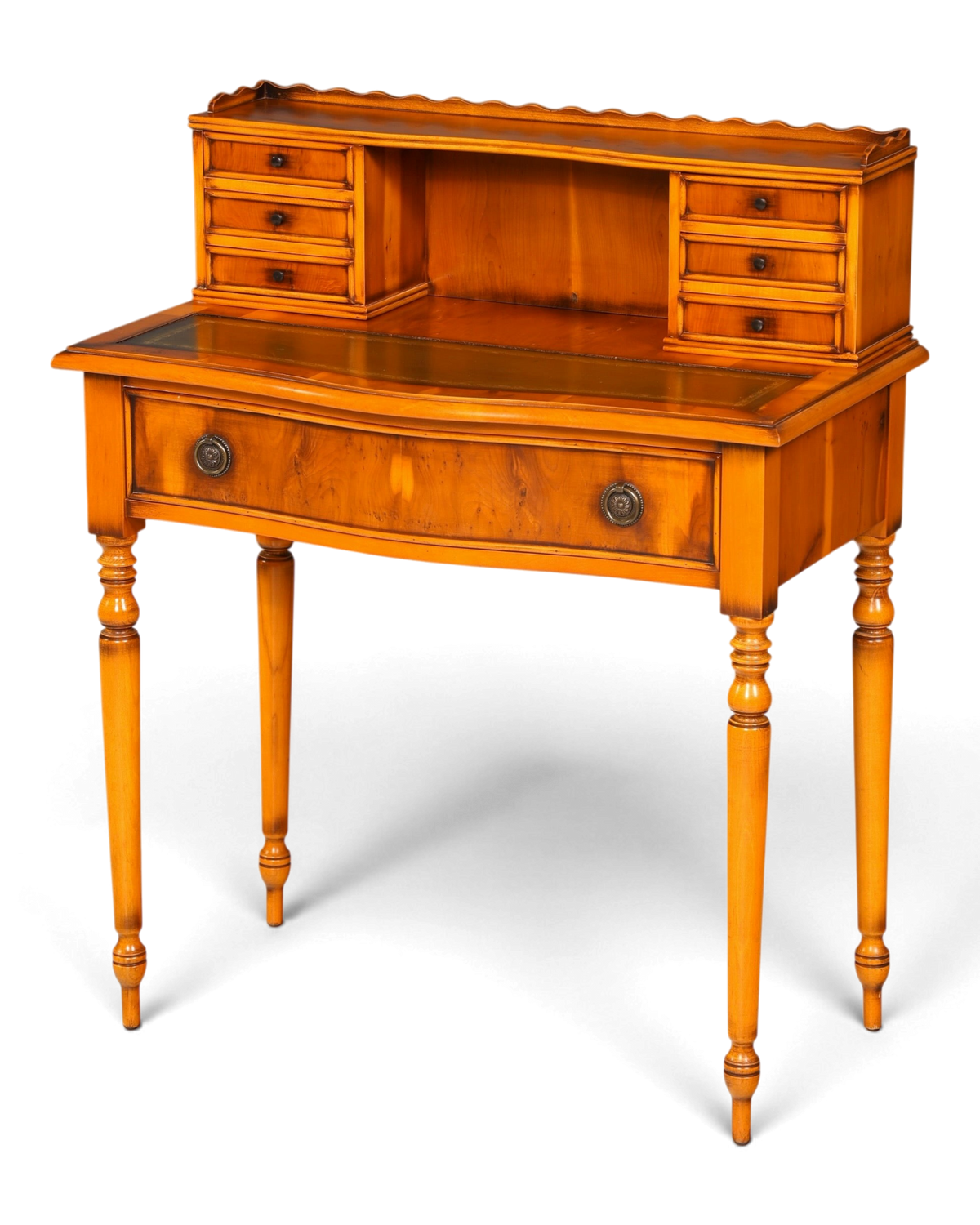 Hauptstadt Möblerei Sekretär aus hellem Holz mit Schubladen, grüner Ledereinlage und gedrechselten Beinen