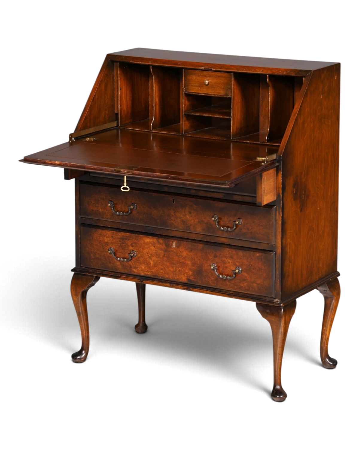 Elegant English secretary desk, Queen Anne style, Chippendale writing desk with leather surface, vintage bureau