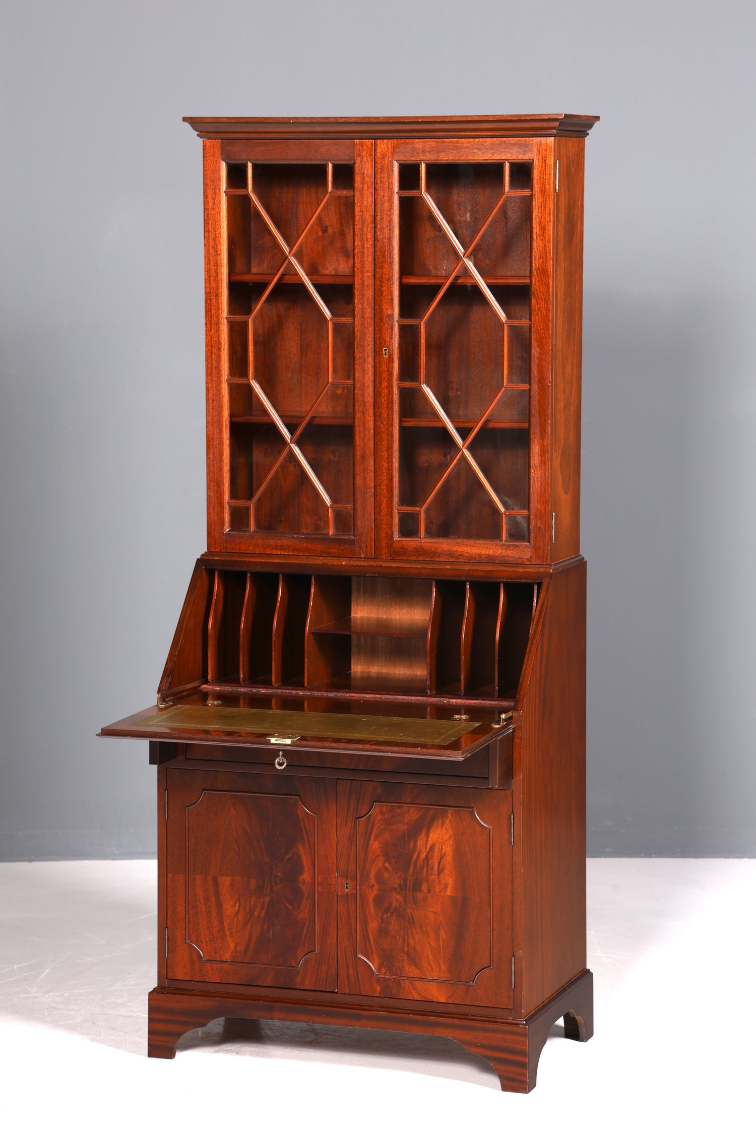Beautiful English secretary desk, antique 1960s mahogany display cabinet, UK