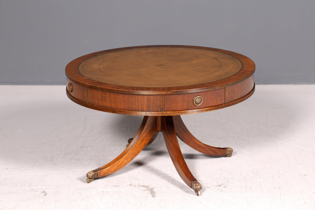 Wunderschöner Englischer Trommeltisch Couchtisch Mahagoni Regency Echt Lederauflage Drum Table Beistelltisch Antik Vintage