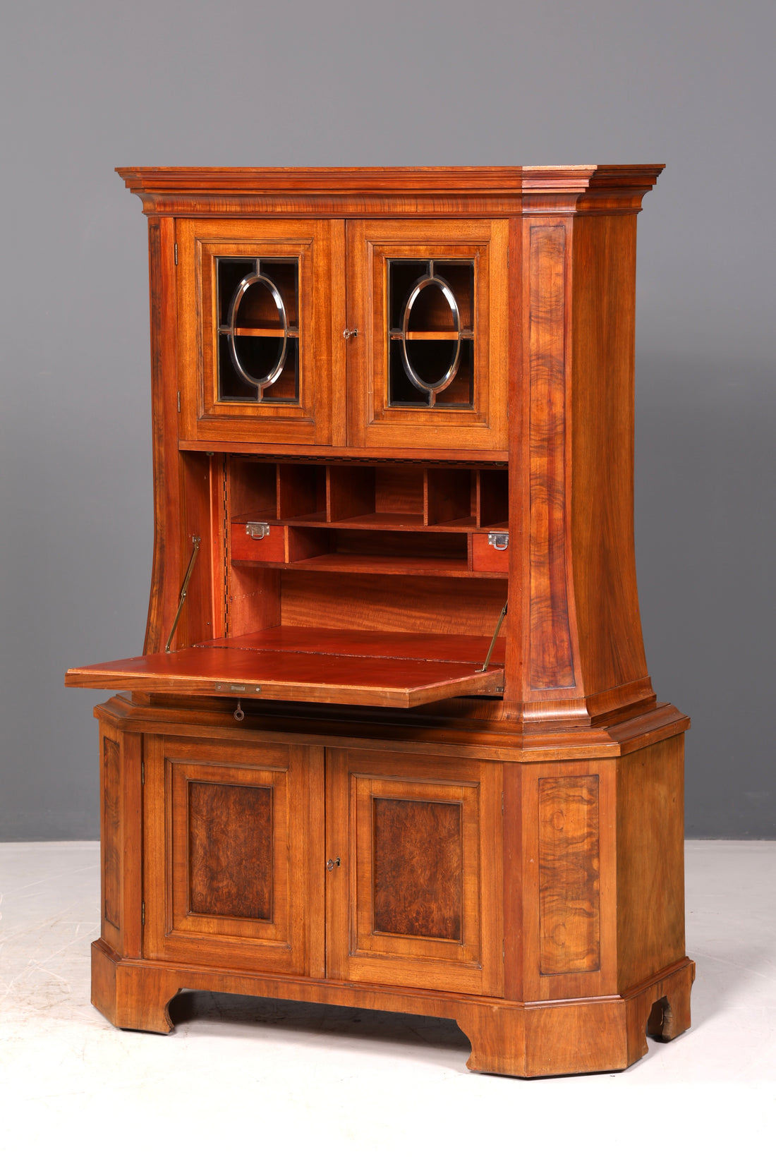 Prachtige art-nouveausecretaire, vitrinekast met opzetkast, notenhout, circa 1900, antiek schrijfbureau, vertiko, vintage