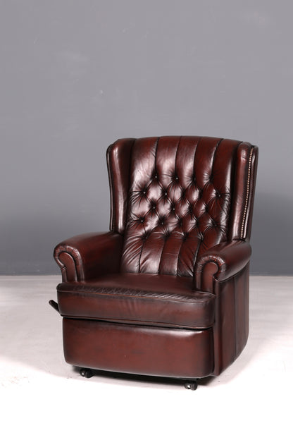 Elegant Chesterfield wingback armchair, recliner, genuine brown leather, TV chair, lounge chair, leather armchair