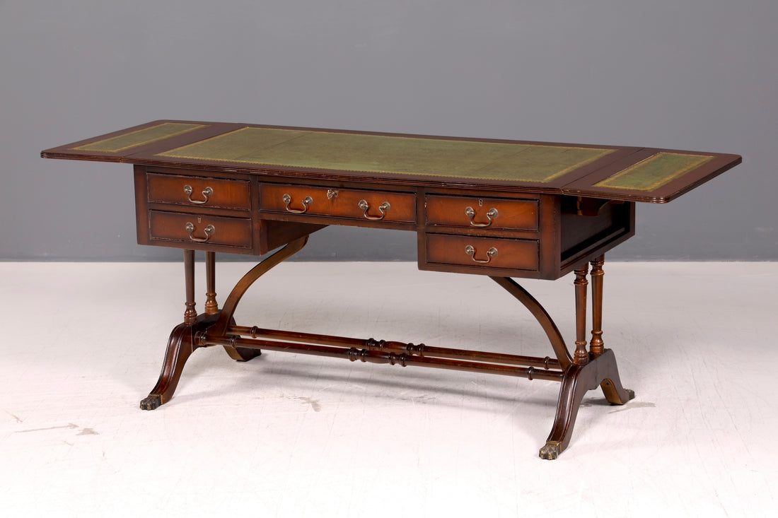 Beautiful English Desk Regency Folding Desk Genuine Leather Top Mahogany 60s Office Table