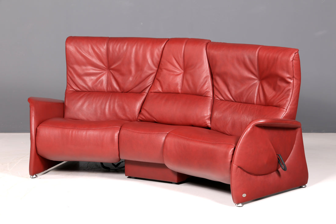 Stijlvolle Himolla-leren bank, trapezebank voor 3 personen, echt rood leer, relaxbank, bank, elektrisch verstelbaar, vintage