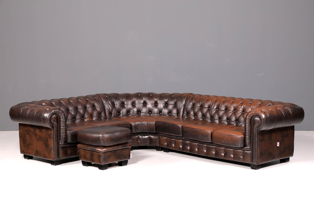 Noble Original Chesterfield Sofa Corner Sofa with Ottoman Real Leather English Corner Couch Leather Couch Antique Vintage