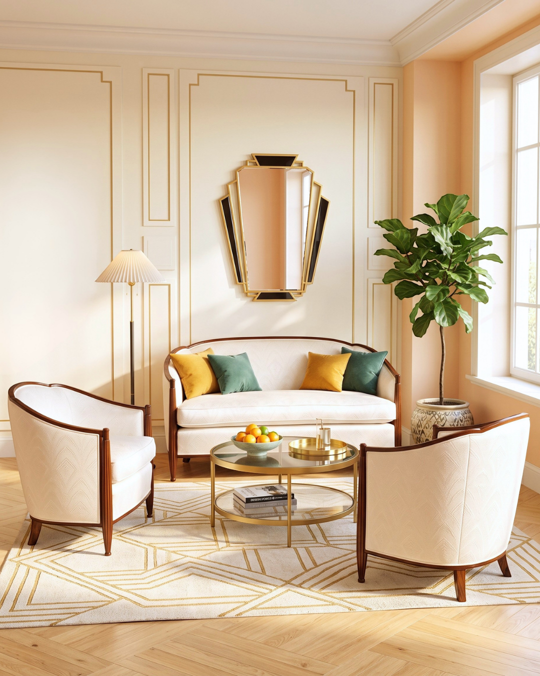 Hauptstadt Möblerei Art Deco Sessel mit hellem Polster und geschnitztem Holzrahmen in elegantem Wohnzimmer