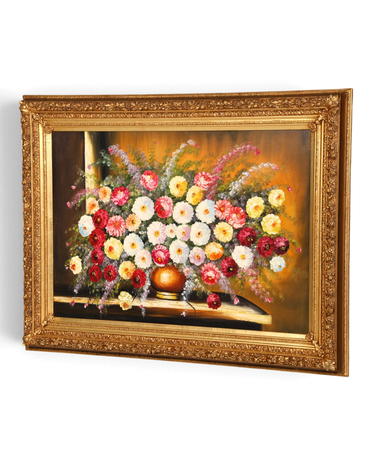 Magnificent XXL Baroque-style floral still life wall painting, gold, hand-painted wall art
