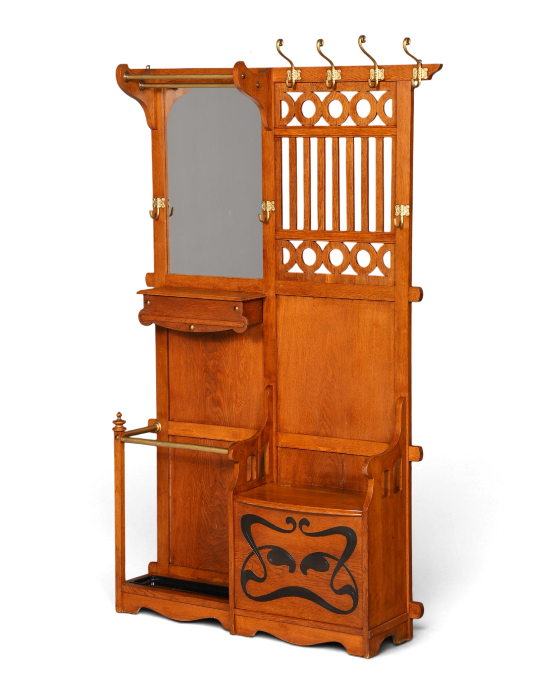 Hauptstadt Möblerei Jugendstil Garderobe aus Eichenholz mit Spiegel, Sitzbank, Schirmständer und Messing-Haken