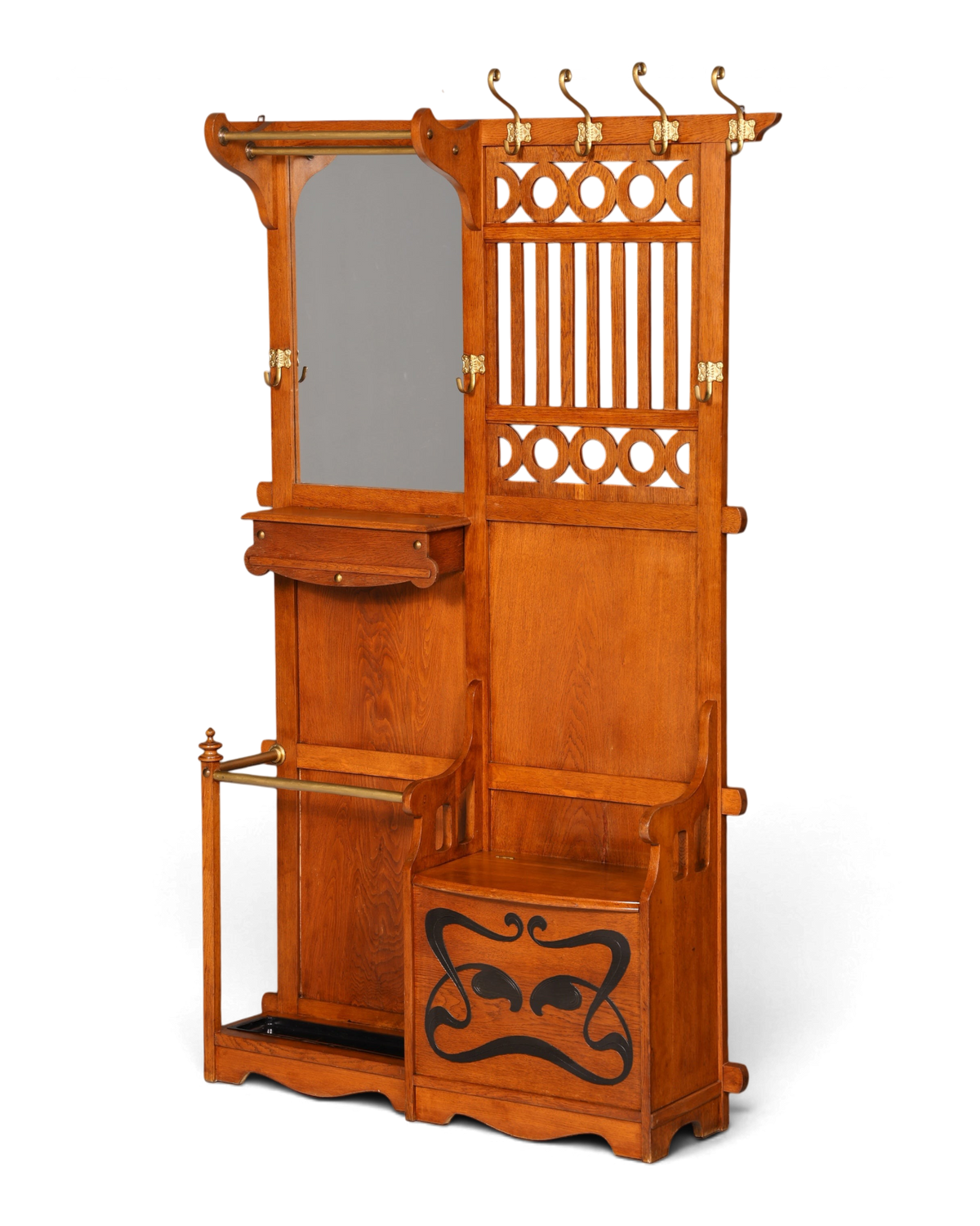Hauptstadt Möblerei Jugendstil Garderobe aus Eichenholz mit Spiegel, Sitzbank, Schirmständer und Messing-Haken