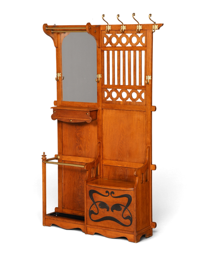 Hauptstadt Möblerei Jugendstil Garderobe aus Eichenholz mit Spiegel, Sitzbank, Schirmständer und Messing-Haken