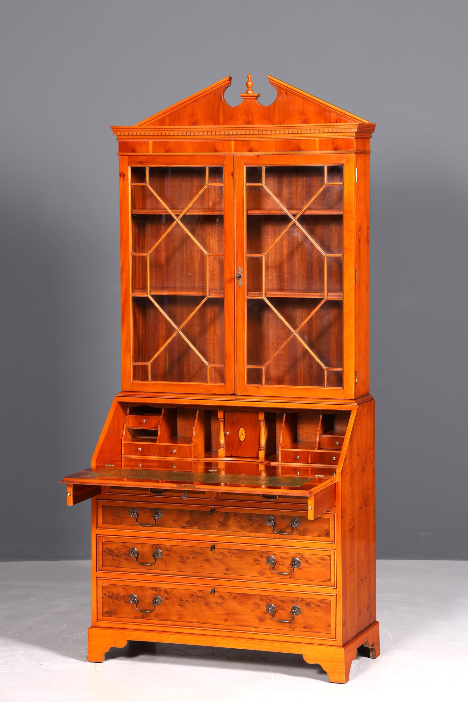Stylish English secretary desk, office desk, yew wood, antique style, genuine leather top, display cabinet, UK