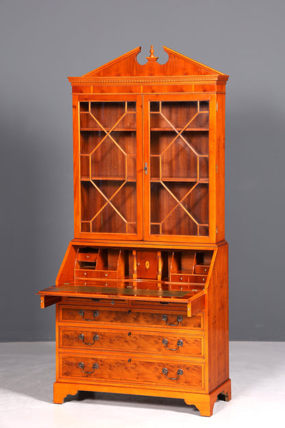 Stylish English secretary desk, office desk, yew wood, antique style, genuine leather top, display cabinet, UK