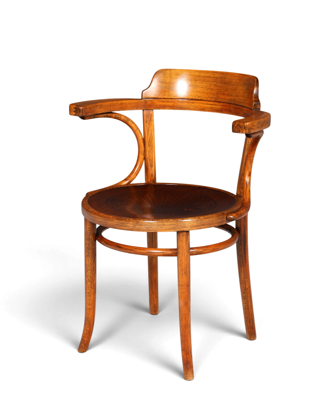 Hauptstadt Möblerei Armlehnstuhl im Thonet-Stil aus braunem Bugholz mit geschwungenen Linien und Sitzfläche aus Holz