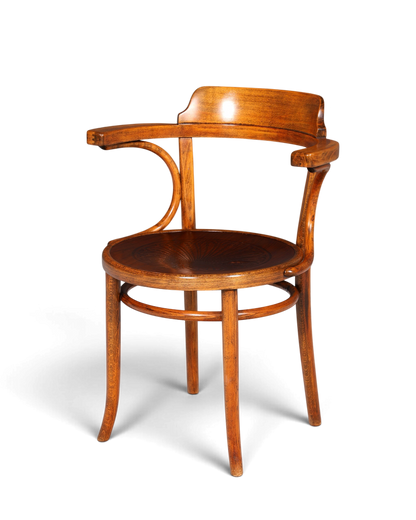 Hauptstadt Möblerei Armlehnstuhl im Thonet-Stil aus braunem Bugholz mit geschwungenen Linien und Sitzfläche aus Holz
