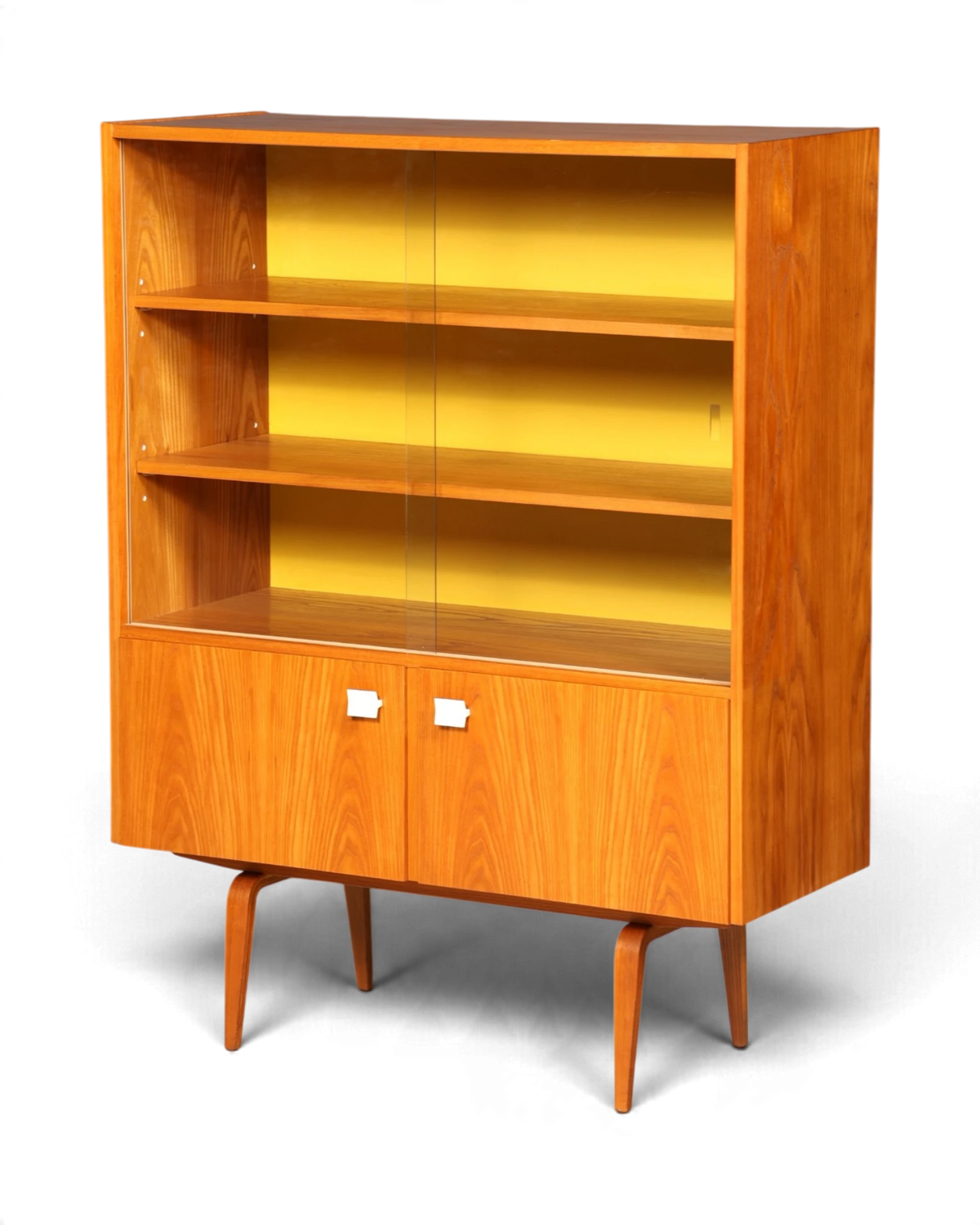 Wunderschöne Original Hellerau Vitrine Modell 427 Mid Century Bücherschrank mit Glasschiebetüren Highboard Vintage Regal