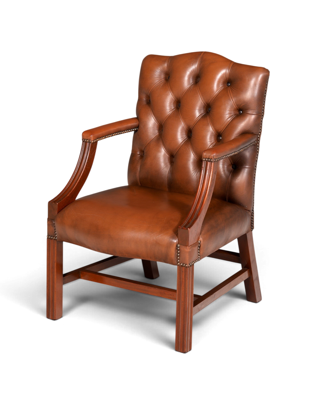 Hauptstadt Möblerei Chesterfield Armlehnstuhl aus braunem Echtleder mit klassischer Knopfheftung und Holzrahmen