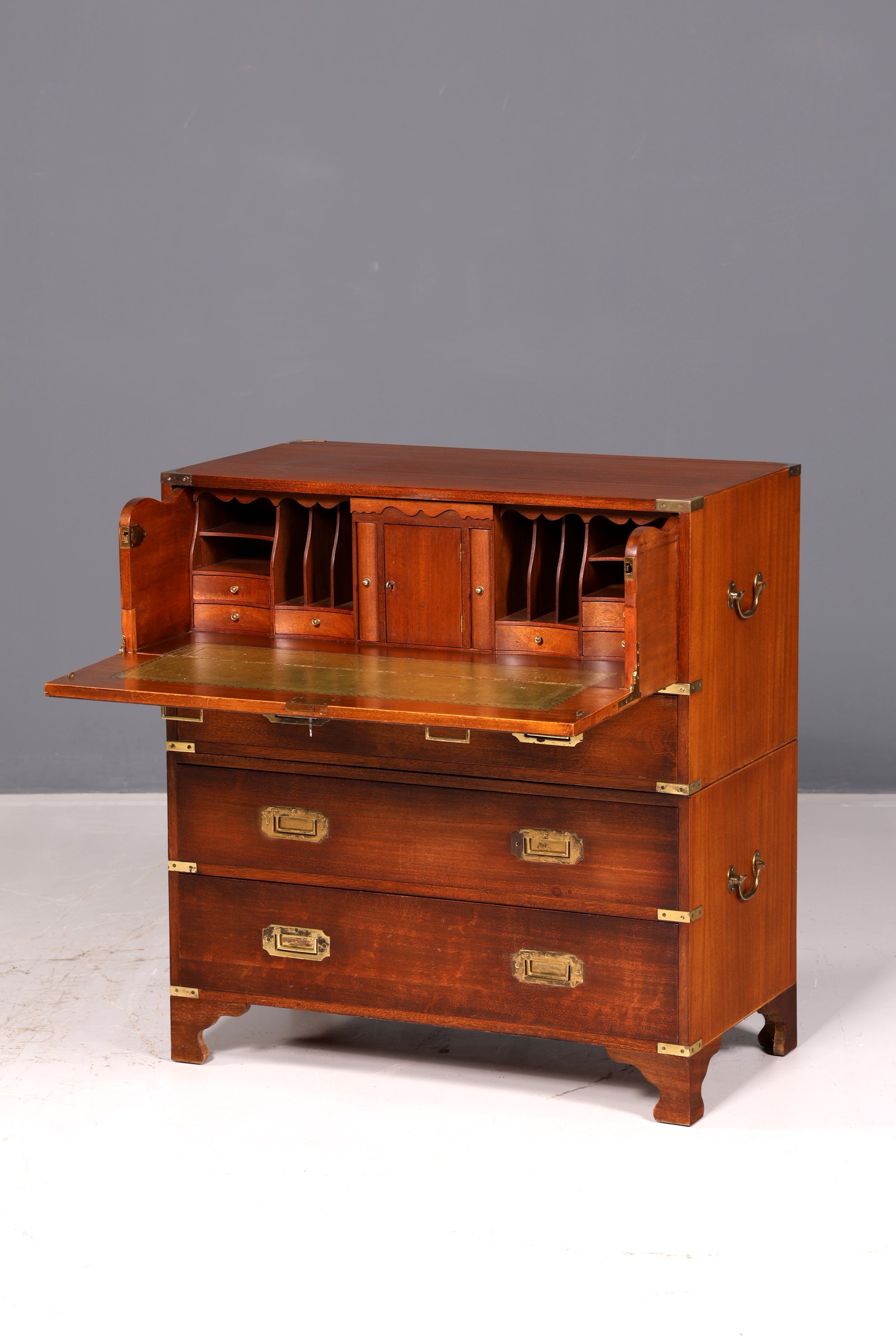 Prachtige maritieme Engelse secretaire-schrijfcommode met echt leren blad, antiek vintage