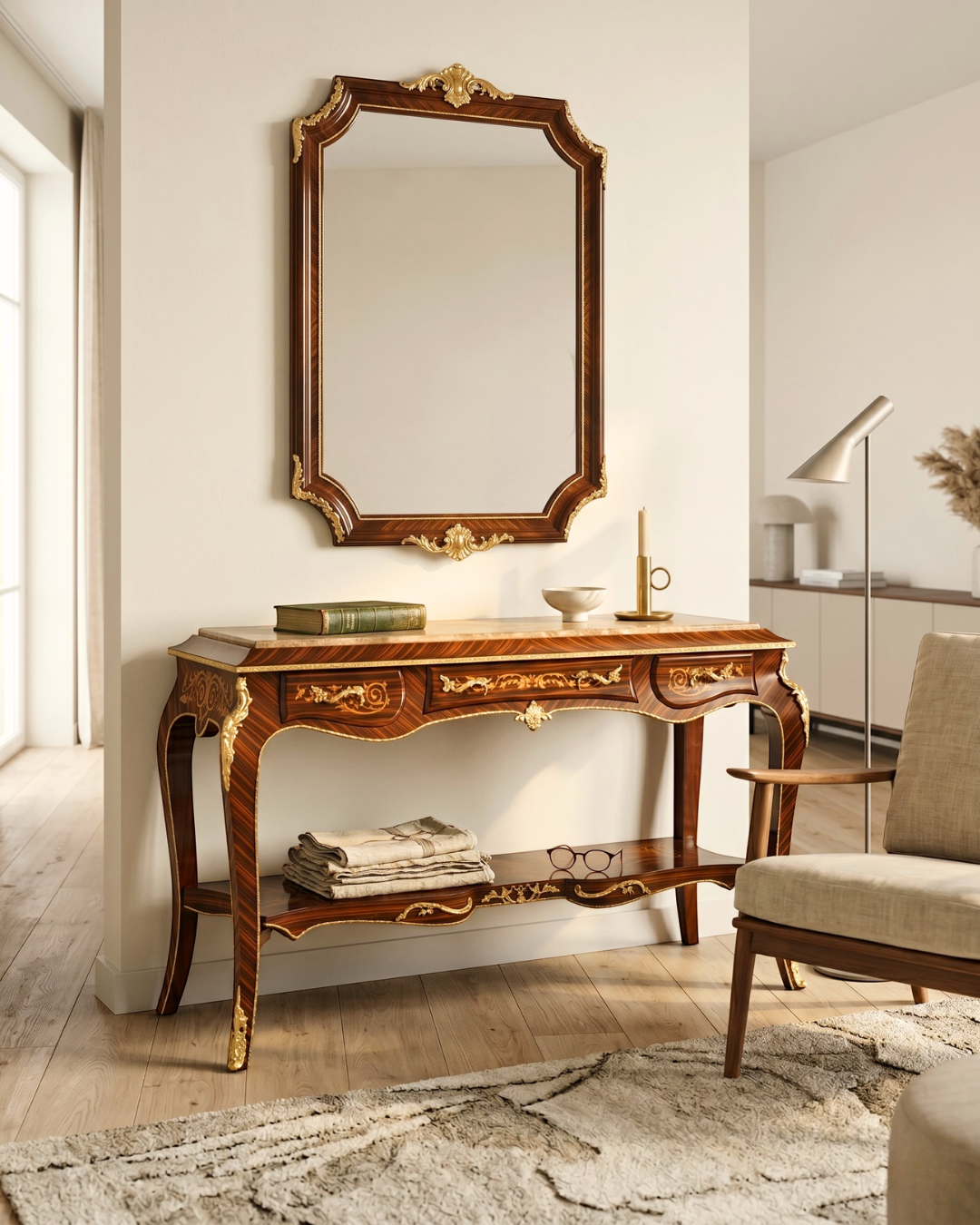 Wunderschöne Barock Stil Konsolen Tisch Marmor Beige Antik Stil Intarsien Konsole