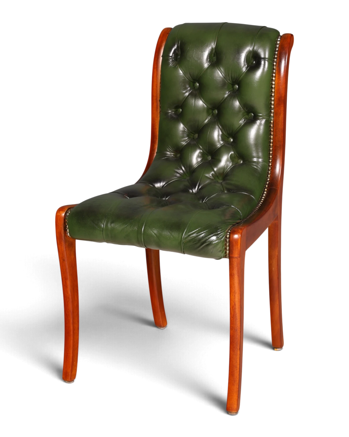 Eleganter englischer Chesterfield Stuhl Leder Grün Esszimmerstuhl Polsterstuhl mit Knopfheftung