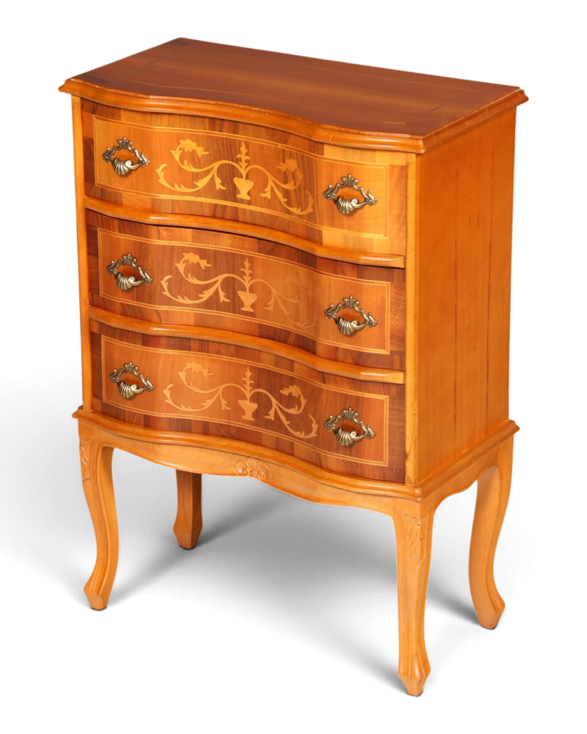 Dreamlike Baroque-style dresser with genuine wood inlays, curved drawer chest