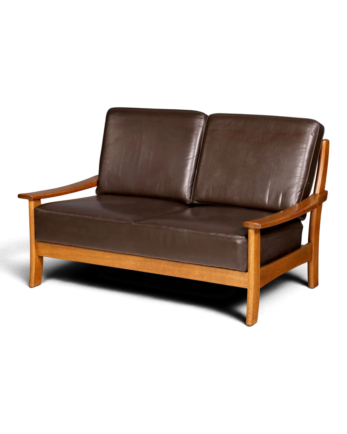 Prachtige 2-zitsbank uit het midden van de eeuw, echt leer, bruin, vintage leren bank, bankstel, massief hout, Scandinavisch design, retro