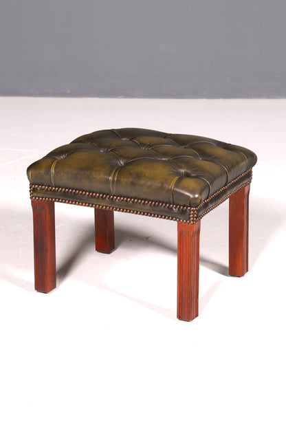 Originaler Chesterfield Hocker Echt Leder Grün Englischer Fußhocker UK