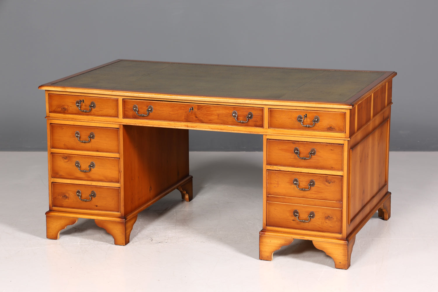 Beautiful English desk, yew wood, leather top, antique style office desk