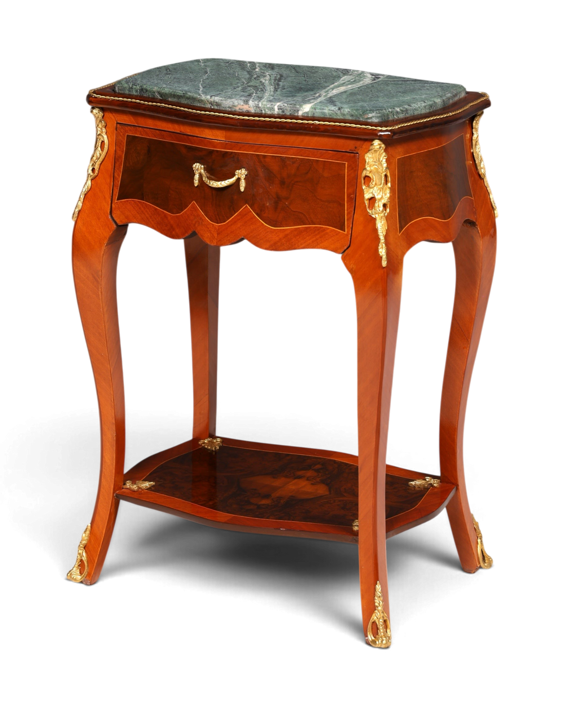 Hauptstadt Möblerei Louis XV Beistelltisch aus Holz mit grüner Marmorplatte, Messingverzierungen und Intarsien