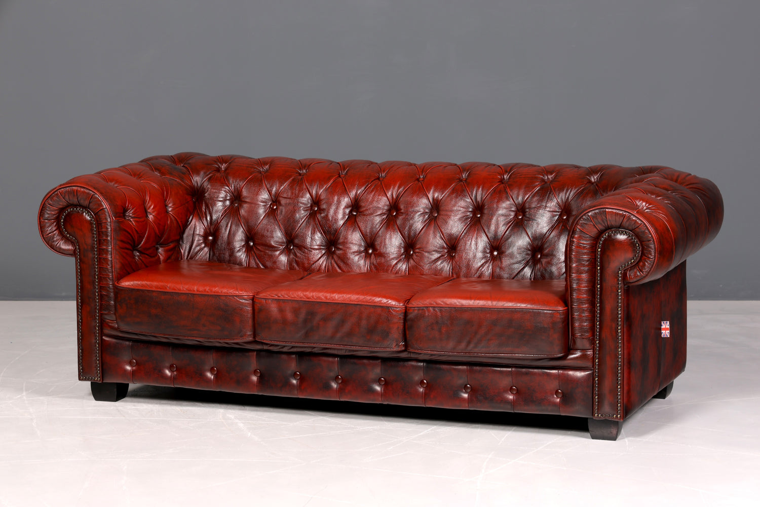 F956 Finish cm Wunderschönes Original Chesterfield Sofa 3- Sitzer echt Leder Oxblood Couch Englisch