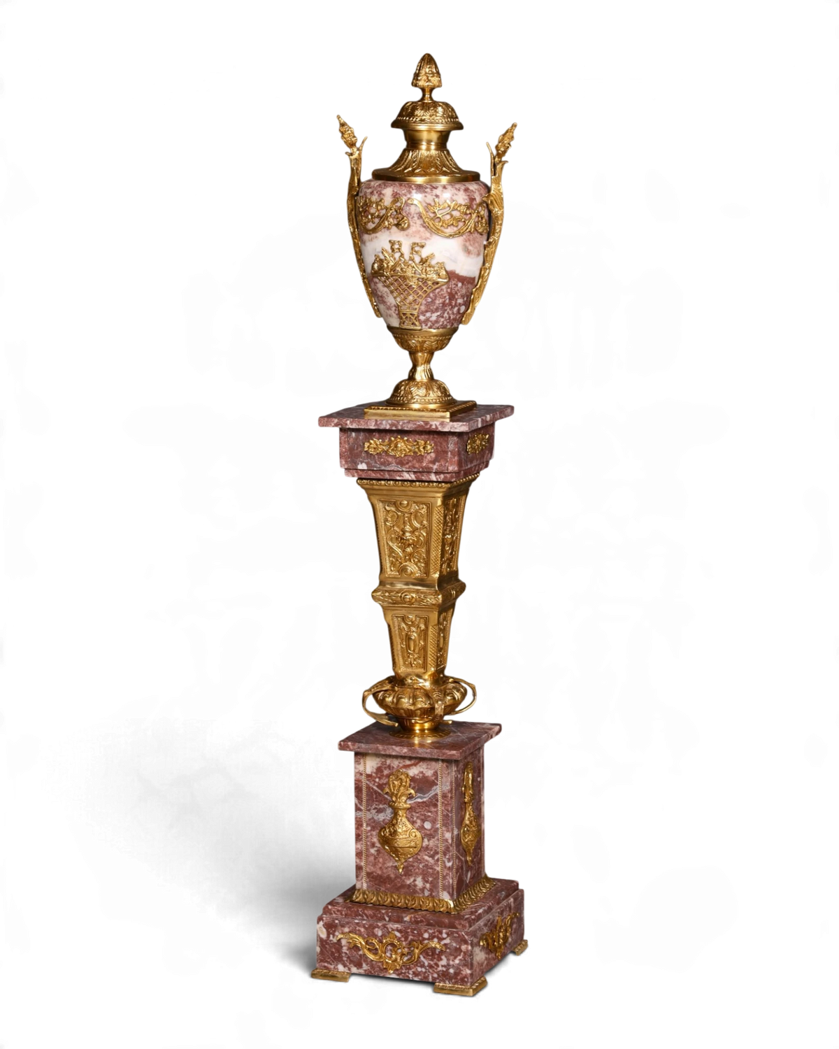 Prachtige barokstijlzuil Louis XV, rood marmer, bloemenstandaard, sokkel, plateau, decoratiezuil