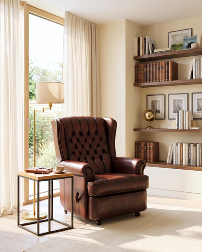 Elegant Chesterfield wingback armchair, recliner, genuine brown leather, TV chair, lounge chair, leather armchair