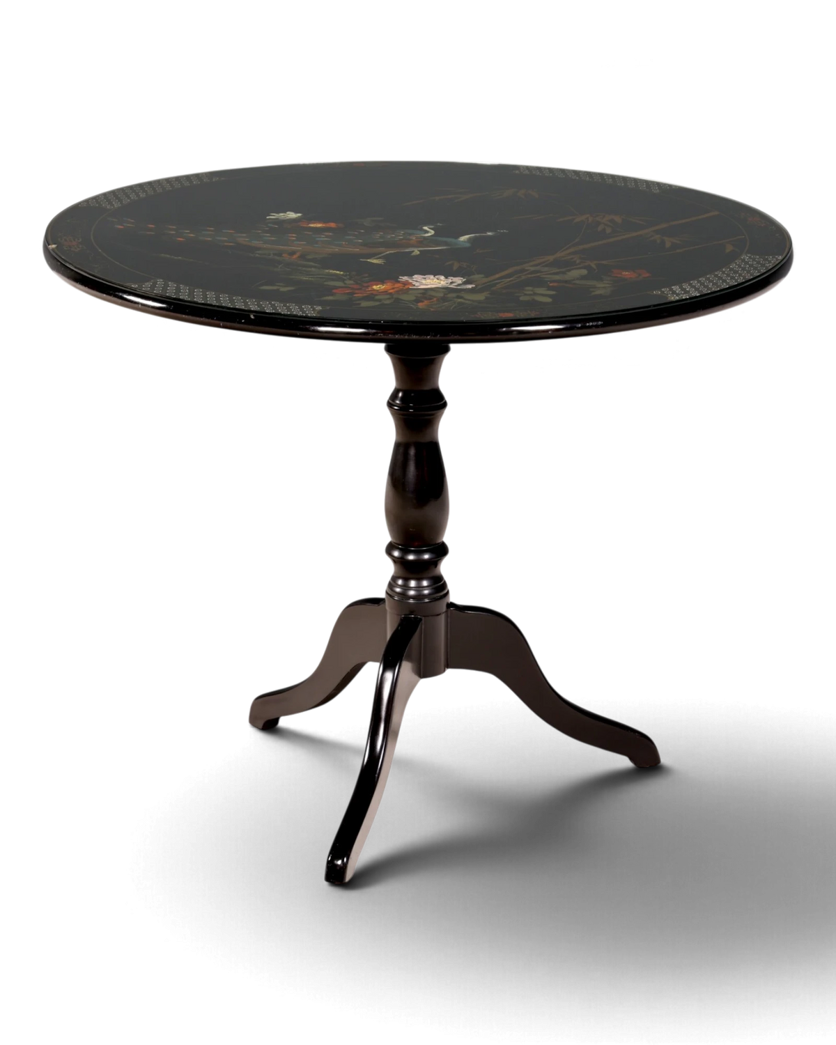 Magnificent round Asian dining table, black lacquer, chinoiserie table with peacock motif and glass top