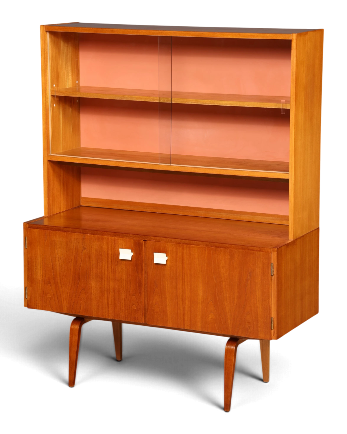 Beautiful original Hellerau display cabinet, model 427, Mid-Century sideboard with raised shelving unit, glass sliding doors, elm, highboard, vintage